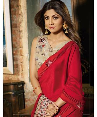 Red plain art silk saree with blouse 2
