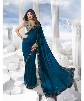 Teal plain art silk saree with blouse 1
