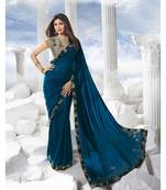 Teal plain art silk saree with blouse