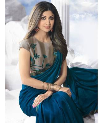 Teal plain art silk saree with blouse 2