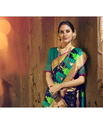 blue woven silk cotton saree with blouse 2