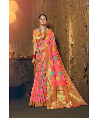 pink woven silk cotton saree with blouse 1