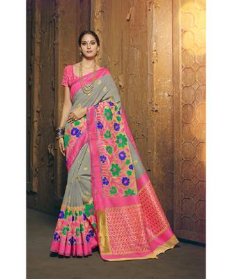 grey woven silk cotton saree with blouse 1