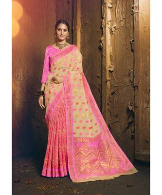 cream woven silk cotton saree with blouse 1