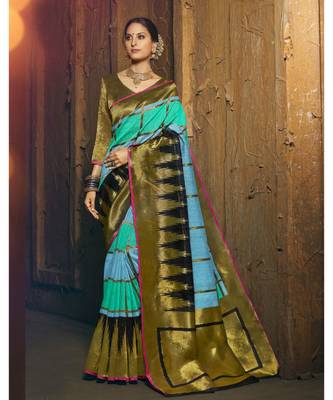 green woven silk cotton saree with blouse 1