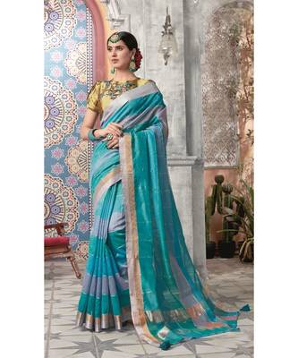 turquoise printed linen saree with blouse 1