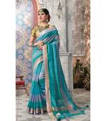 turquoise printed linen saree with blouse