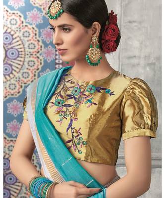turquoise printed linen saree with blouse 2