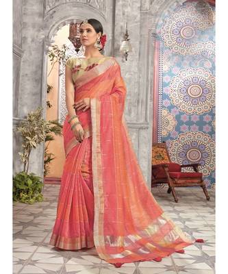 peach printed linen saree with blouse 1