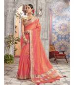 peach printed linen saree with blouse