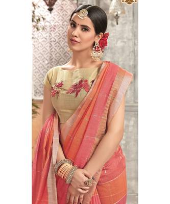peach printed linen saree with blouse 2