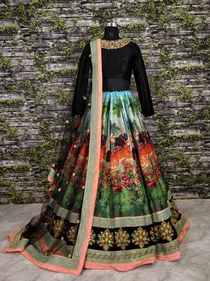 Multicolor Embroidered Art Silk Semi Stitched Lehenga 1