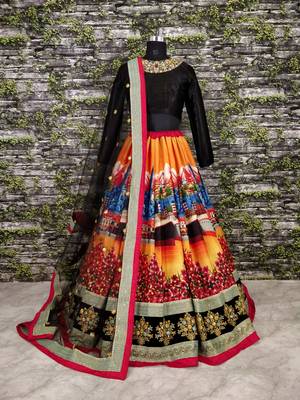 Multicolor Embroidered Art Silk Semi Stitched Lehenga 1