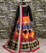 Multicolor Embroidered Art Silk Semi Stitched Lehenga
