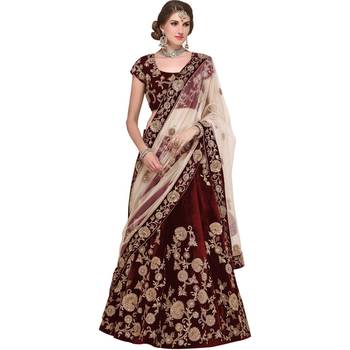 Maroon Embroidered Art Silk Semi Stitched Lehenga 1