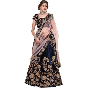 Blue Embroidered Art Silk Semi Stitched Lehenga 1