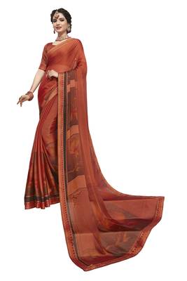 Orange printed chiffon saree with blouse 1
