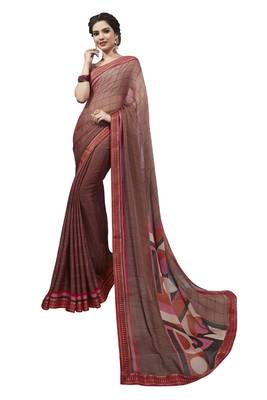 Brown printed chiffon saree with blouse 1
