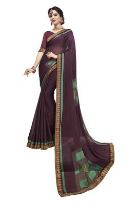 Wine printed chiffon saree with blouse 1