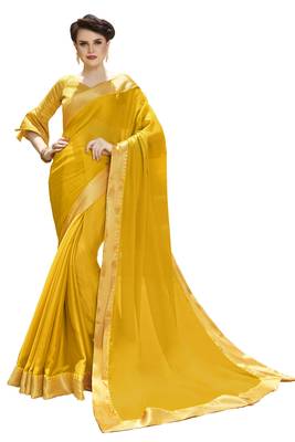Yellow printed pure chiffon saree with blouse 1