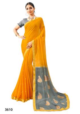 Yellow printed pure chiffon saree with blouse 1