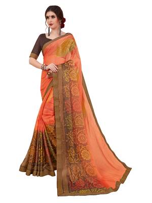 Orange Printed Brasso Saree With Blouse 1