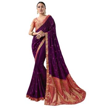 Purple embroidered silk saree with blouse 1