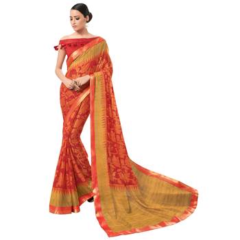 Red printed chiffon saree with blouse 1