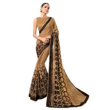 Beige printed chiffon saree with blouse 1