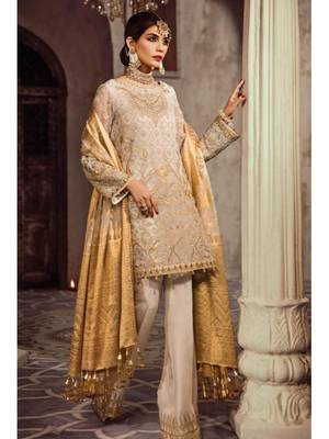 Cream Embroidered Chiffon Pakistani Salwar With Dupatta Unstitched 1