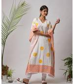 White printed Siva Cotton Kaftan and pants-Set of two