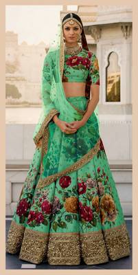 Green Embroidered Art Silk Semi Stitched Lehenga 1
