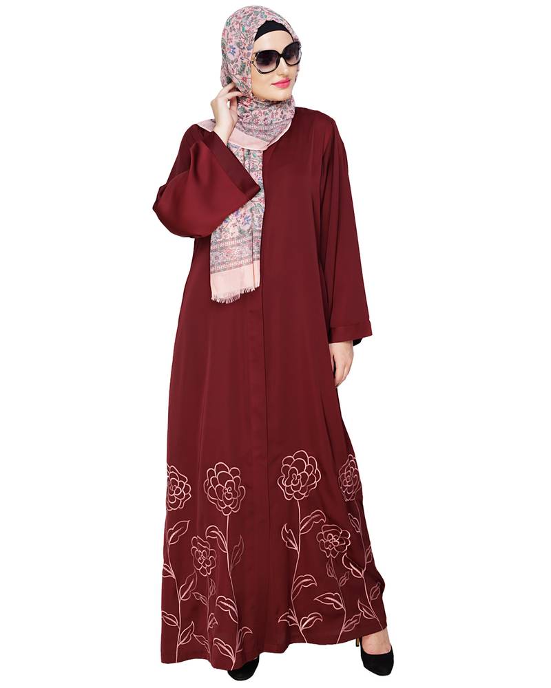 Modest Forever  Wine embroidered satin dubai style abaya