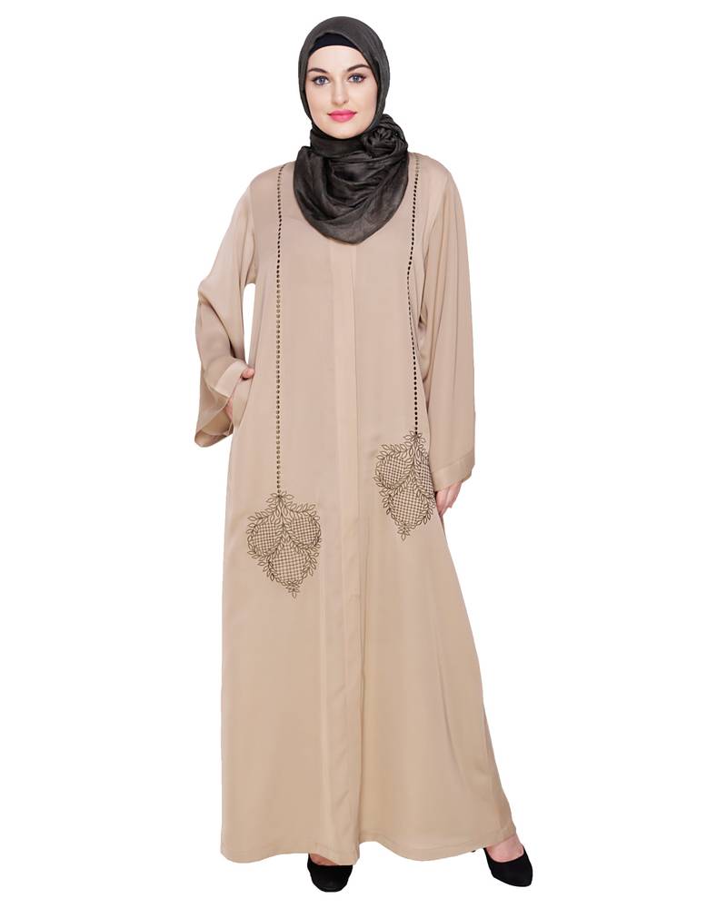 Modest Forever  Beige embroidered satin dubai style abaya
