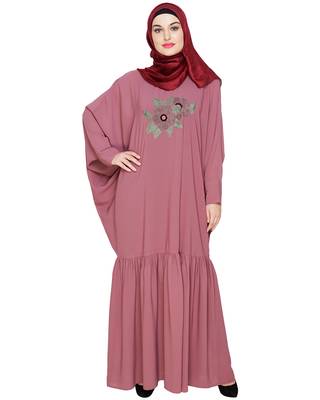 Modest Forever  Onion-pink embroidered nida irani kaftan abaya 1