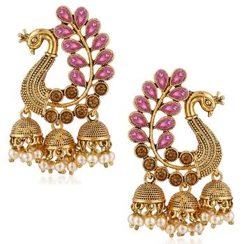Saizen Traditional Gold Pearl Peacock Kundan Jhumkas Diamond, Pearl Alloy Jhumki Earring 1