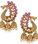 Saizen Traditional Gold Pearl Peacock Kundan Jhumkas Diamond, Pearl Alloy Jhumki Earring