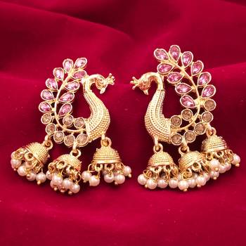 Saizen Traditional Gold Pearl Peacock Kundan Jhumkas Diamond, Pearl Alloy Jhumki Earring 3