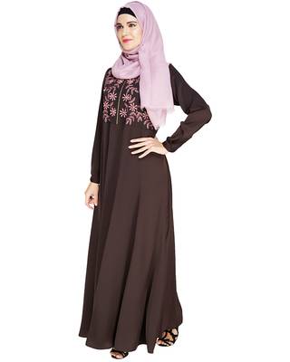 Modest Forever  Brown embroidered satin abaya 1
