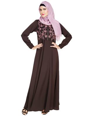 Modest Forever  Brown embroidered satin abaya 2