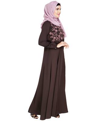 Modest Forever  Brown embroidered satin abaya 4