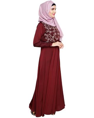 Modest Forever  Wine embroidered satin abaya 2