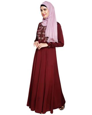 Modest Forever  Wine embroidered satin abaya 3