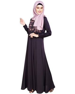 Modest Forever  Dark-purple embroidered satin abaya 2
