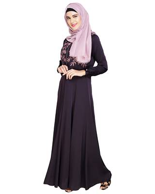Modest Forever  Dark-purple embroidered satin abaya 3
