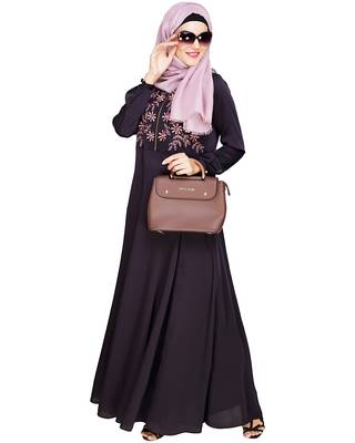 Modest Forever  Dark-purple embroidered satin abaya 4