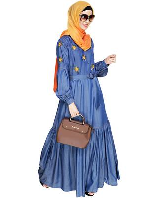 Modest Forever  Blue embroidered denim abaya 1