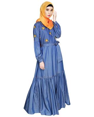 Modest Forever  Blue embroidered denim abaya 2