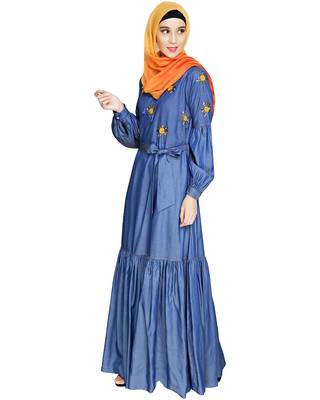 Modest Forever  Blue embroidered denim abaya 3