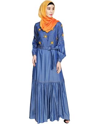 Modest Forever  Blue embroidered denim abaya 4